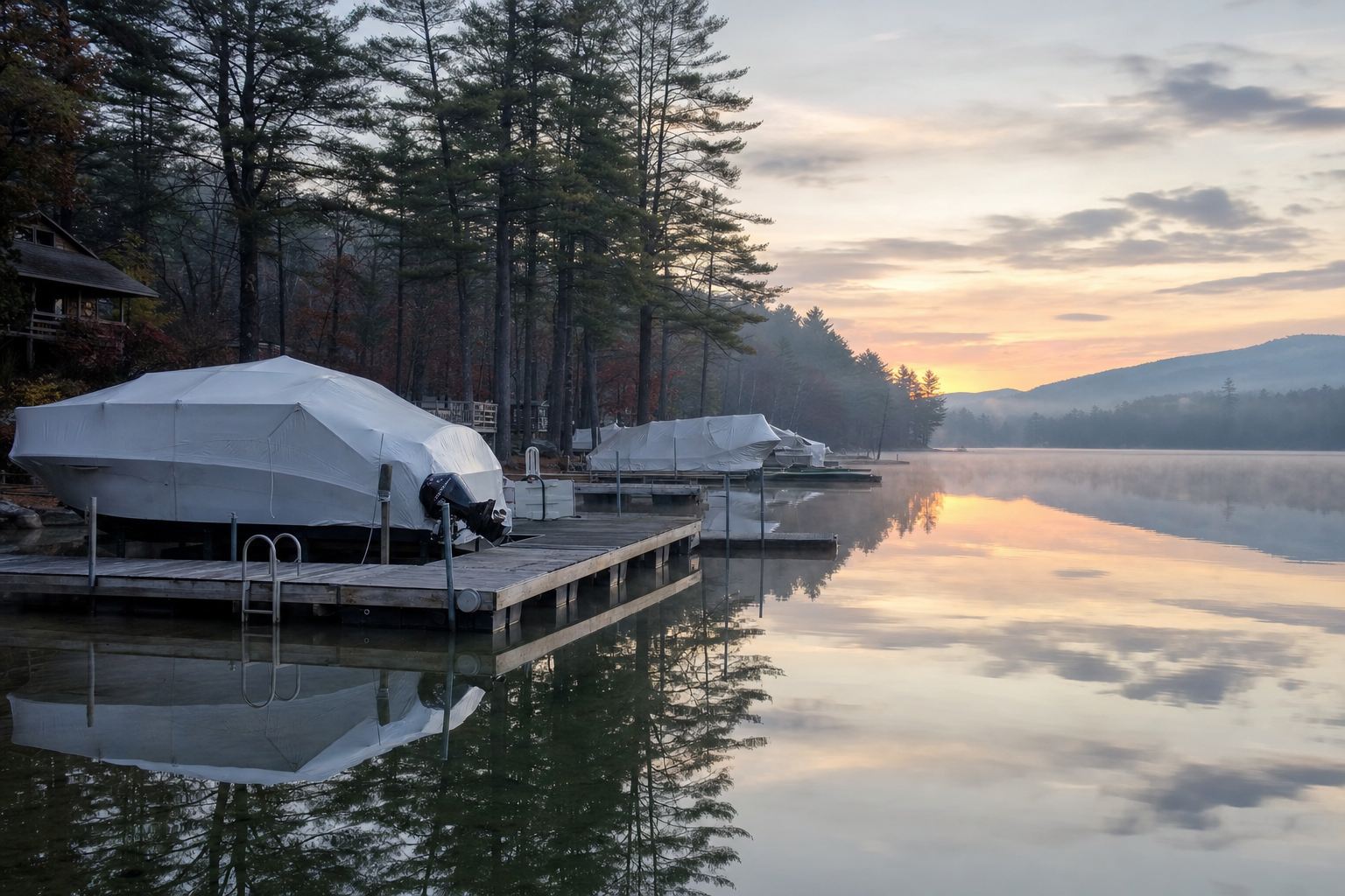 Boats shrink-wrapped on NH lake at dawn